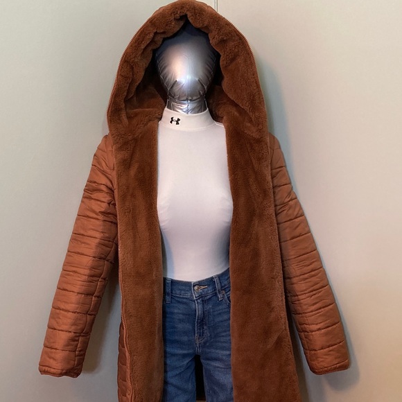 Reversible Hooded Long Coat - Brown - Picture 8 of 15